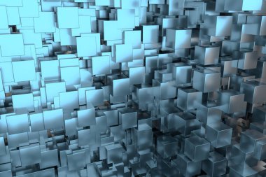 Koyu küplerle dolu bir oda, parlayan küpler, 3d render ile aydınlatılmış