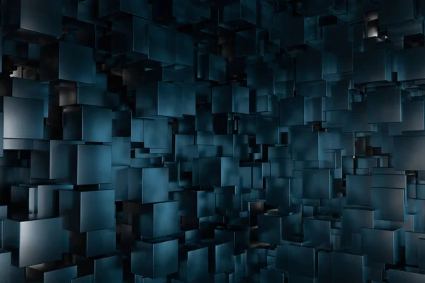 Pokój pełen ciemnych kostek, oświetlony przez świecące kostki, renderowanie 3D — Zdjęcie stockowe