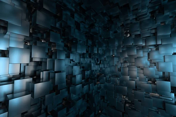 Ένα δωμάτιο γεμάτο με μαύρους κύβους, φωτισμένο από αστραφτερές κύβους, 3D απόδοση — Φωτογραφία Αρχείου