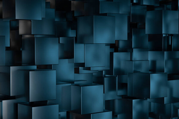 A room full with dark cubes, Illuminated by glowing cubes, 3d rendering. Computer digital drawing.