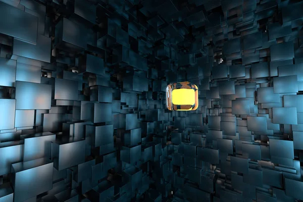 暗い立方体でいっぱいの部屋、輝く立方体によって照らされ、3Dレンダリング — ストック写真