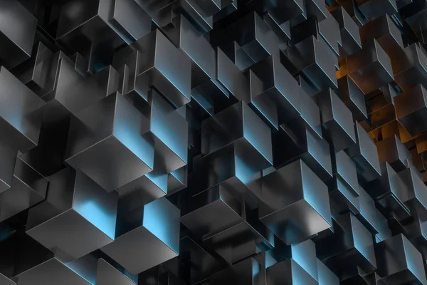 어두운 큐브로 가득 찬 방, 빛나는 큐브로 조명, 3D 렌더링 — 스톡 사진