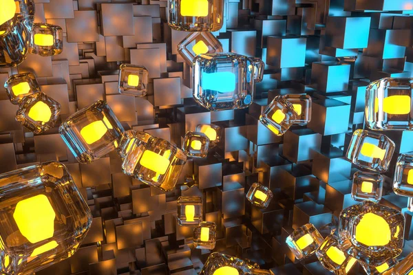 Une pièce pleine de cubes sombres, éclairée par des cubes lumineux, rendu 3d — Photo