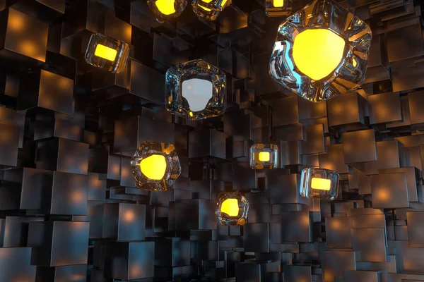 Een ruimte vol met donkere kubussen, verlicht door gloeiende kubussen, 3D-rendering — Stockfoto