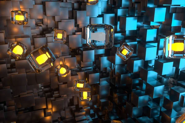 Une pièce pleine de cubes sombres, éclairée par des cubes lumineux, rendu 3d — Photo