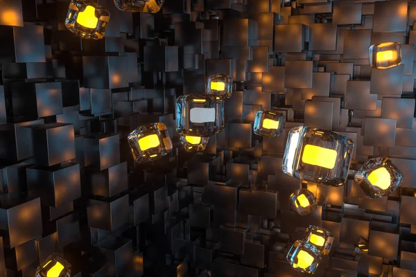 Une pièce pleine de cubes sombres, éclairée par des cubes lumineux, rendu 3d — Photo