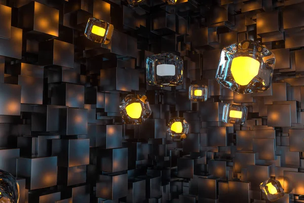Een ruimte vol met donkere kubussen, verlicht door gloeiende kubussen, 3D-rendering — Stockfoto