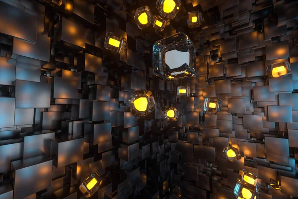 Ένα δωμάτιο γεμάτο με μαύρους κύβους, φωτισμένο από αστραφτερές κύβους, 3D απόδοση — Φωτογραφία Αρχείου
