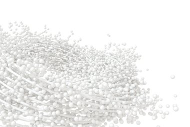 Beyaz arkaplan ve 3D görüntüleme ile akan kürelerin kütlesi.