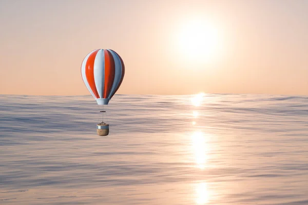 Heißluftballon fliegt über den Ozean, 3D-Darstellung. — Stockfoto