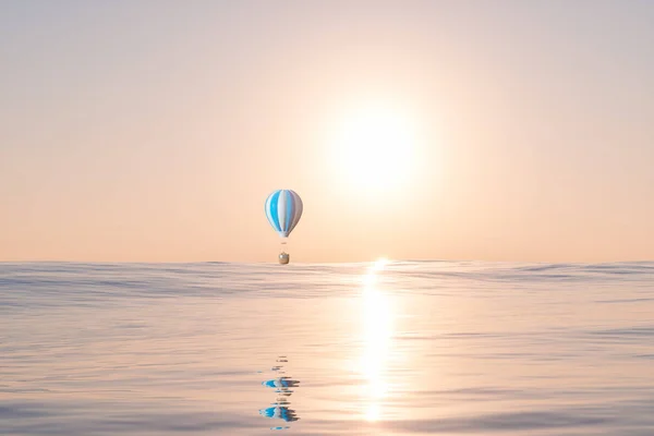 Balão de ar quente voando sobre o oceano, renderização 3d . — Fotografia de Stock