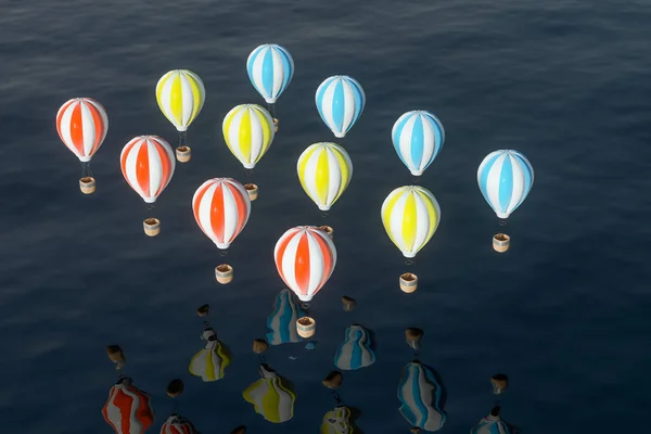 Balão de ar quente voando sobre o oceano, renderização 3d . — Fotografia de Stock