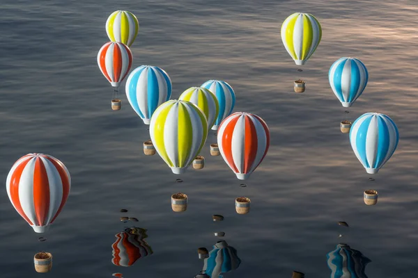 Balon na gorące powietrze przelatujący nad oceanem, renderowanie 3d. — Zdjęcie stockowe