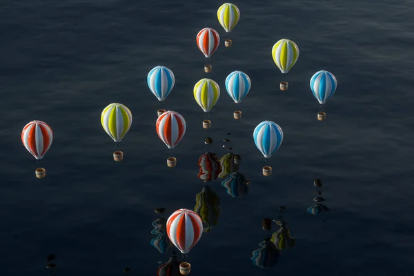 Balão de ar quente voando sobre o oceano, renderização 3d . — Fotografia de Stock