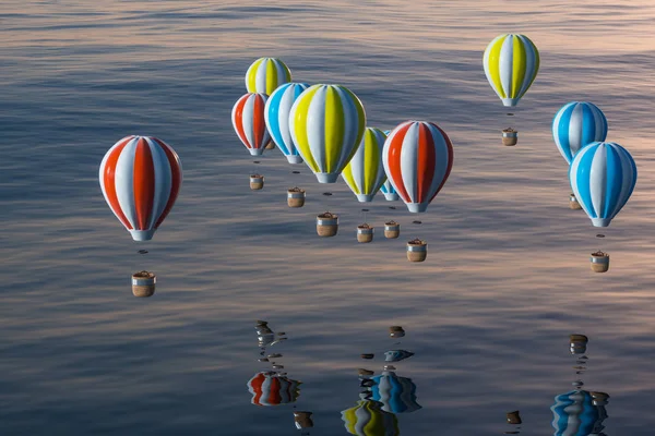 Balão de ar quente voando sobre o oceano, renderização 3d . — Fotografia de Stock