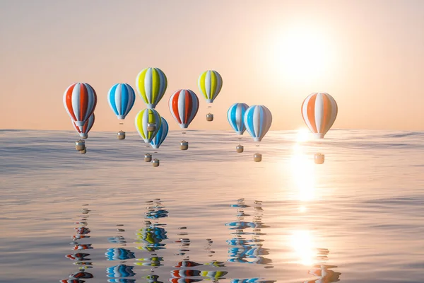 Αερόστατο θερμού αέρα που φέρουν πάνω από τον ωκεανό, 3d απόδοση. — Φωτογραφία Αρχείου