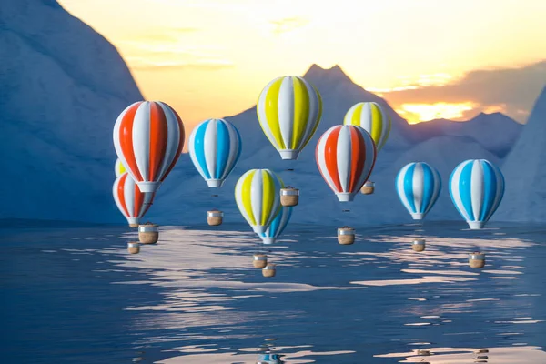 Sıcak hava balonu okyanusun üzerinde uçuyor..