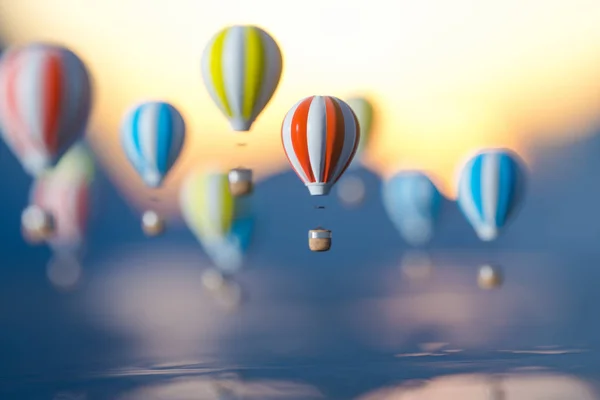 Balão de ar quente voando sobre o oceano, renderização 3d . — Fotografia de Stock