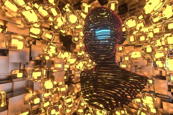 Het hoofd van de virtuele robot met concepten van kunstmatige intelligentie, 3d rendering. — Stockfoto