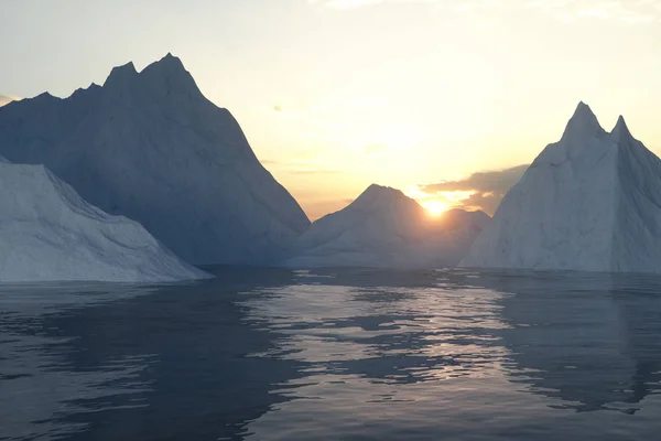 Oceano e luz do sol vindo do lado do iceberg, renderização 3d . — Fotografia de Stock