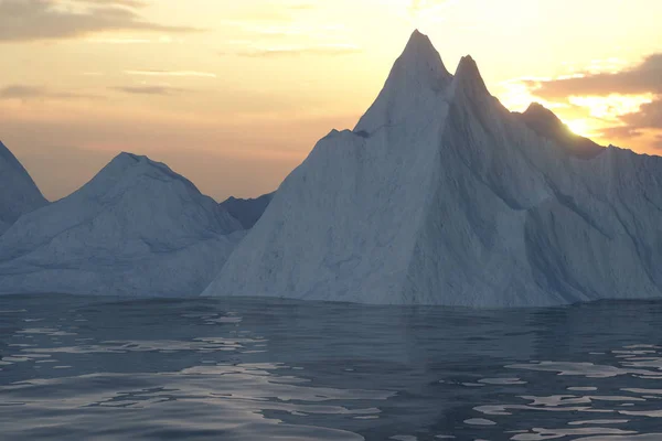 Oceano e sole provenienti dal lato dell'iceberg, rendering 3d . — Foto Stock