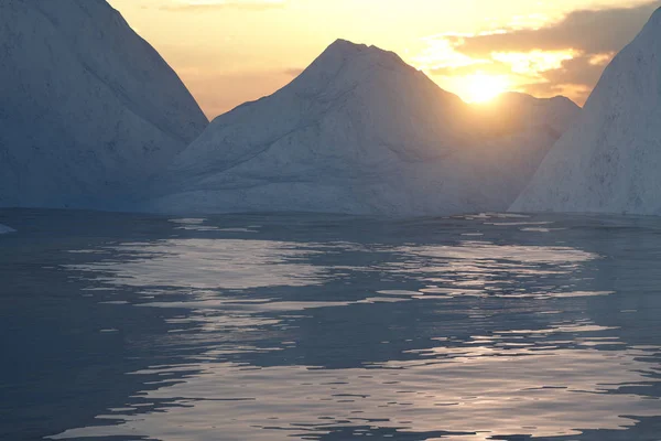 来自冰山一侧的海洋和阳光，3D渲染. — 图库照片