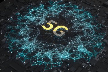 3D render, 5g yazı tipi ve devre arka plan