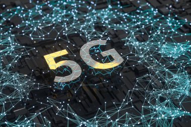 3D render, 5g yazı tipi ve devre arka plan