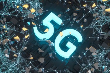 3D render, 5g yazı tipi ve devre arka plan