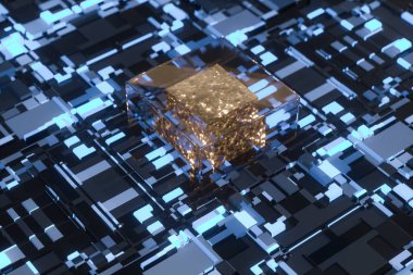 Parlayan küp ve çizgileri olan devre panosu, 3D görüntüleme.