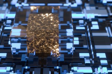 Parlayan küp ve çizgileri olan devre panosu, 3D görüntüleme.