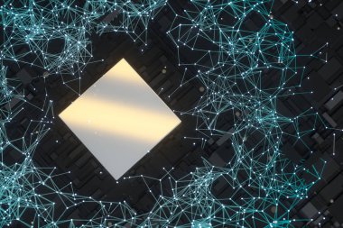 Parlayan küp ve çizgileri olan devre panosu, 3D görüntüleme.