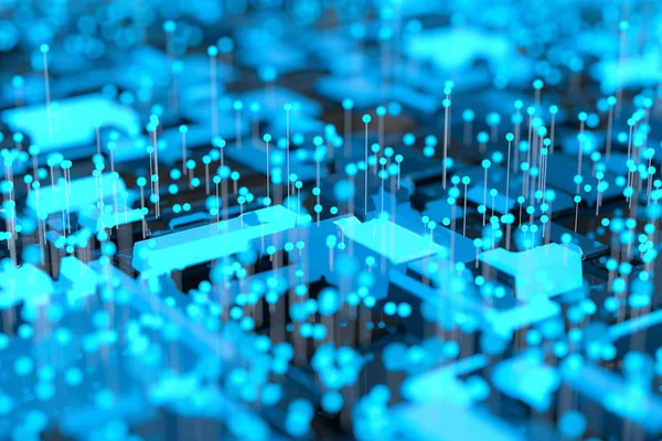 Circuit board met gloeiende kubus en lijnen, 3d rendering. — Stockfoto