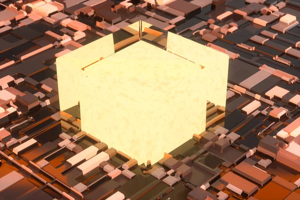 Kretskort med glödande kub och linjer, 3D-rendering. — Stockfoto