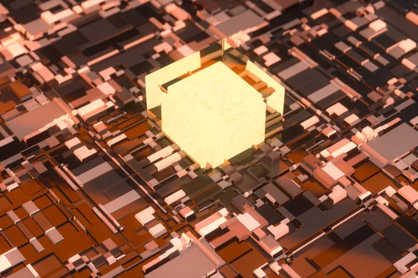 Placa de circuito com cubo brilhante e linhas, renderização 3d . — Fotografia de Stock