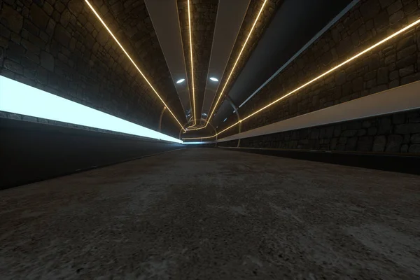 Sötét alagút világítással a végén, 3D-s renderelés. — Stock Fotó
