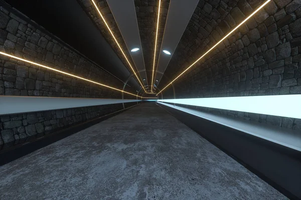 Tunnel scuro con luce alla fine, rendering 3d . — Foto Stock