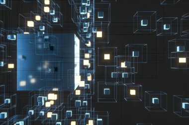 Teknoloji arka planı küp ve çizgilerle hazırlanmış, 3D görüntüleme.