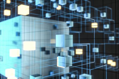 Teknoloji arka planı küp ve çizgilerle hazırlanmış, 3D görüntüleme.