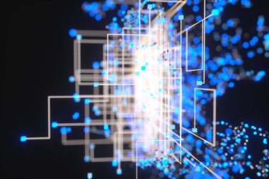 Teknoloji arka planı küp ve çizgilerle hazırlanmış, 3D görüntüleme.