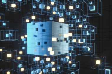 Teknoloji arka planı küp ve çizgilerle hazırlanmış, 3D görüntüleme.