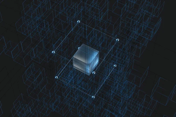 Tecnologia de fundo compõem com cubos e linhas, renderização 3d . — Fotografia de Stock