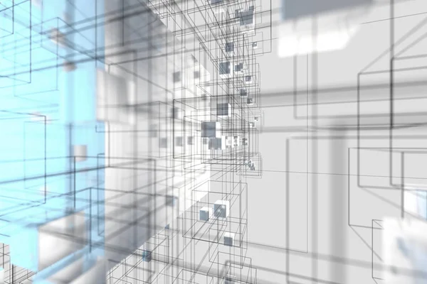 Tecnologia de fundo compõem com cubos e linhas, renderização 3d . — Fotografia de Stock