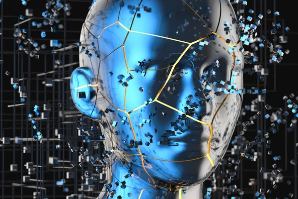 Cabeza humana de metal azul con partículas, representación 3d . — Foto de Stock