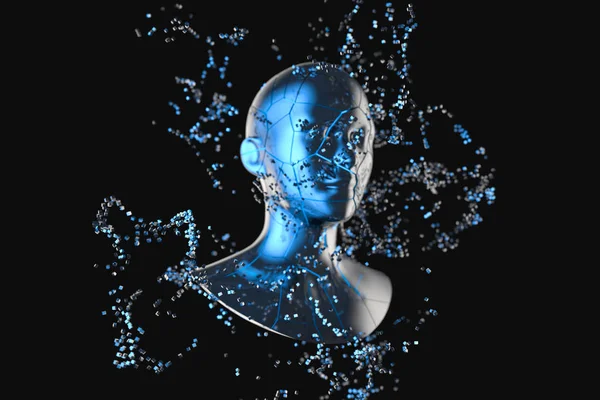 Tête humaine en métal bleu avec particules, rendu 3d . — Photo