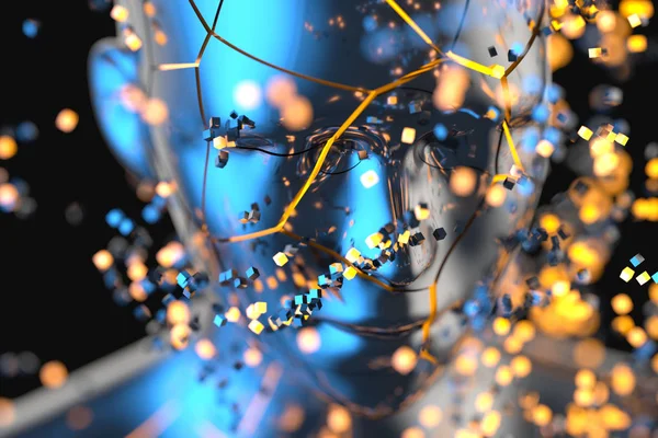 Cabeza humana de metal azul con partículas, representación 3d . — Foto de Stock
