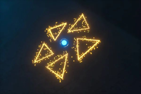 Leuchtende Dreiecke und Teilchen mit dunklem Hintergrund, 3D-Rendering. — Stockfoto