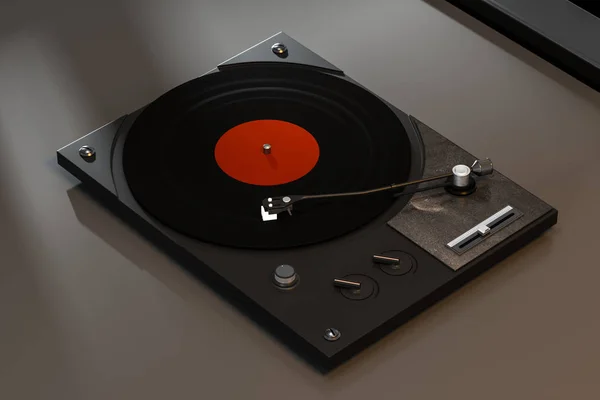 El reproductor de discos de vinilo oscuro sobre la mesa, renderizado en 3D . — Foto de Stock