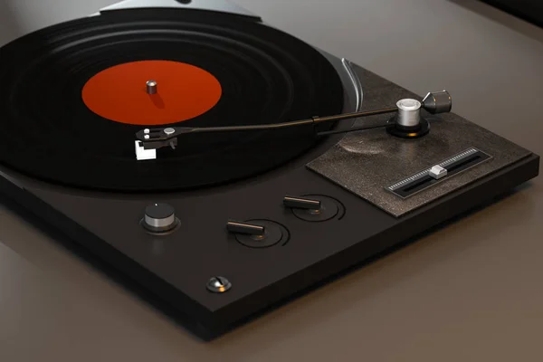 El reproductor de discos de vinilo oscuro sobre la mesa, renderizado en 3D . —  Fotos de Stock