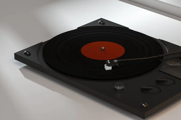 El reproductor de discos de vinilo oscuro sobre la mesa, renderizado en 3D . — Foto de Stock